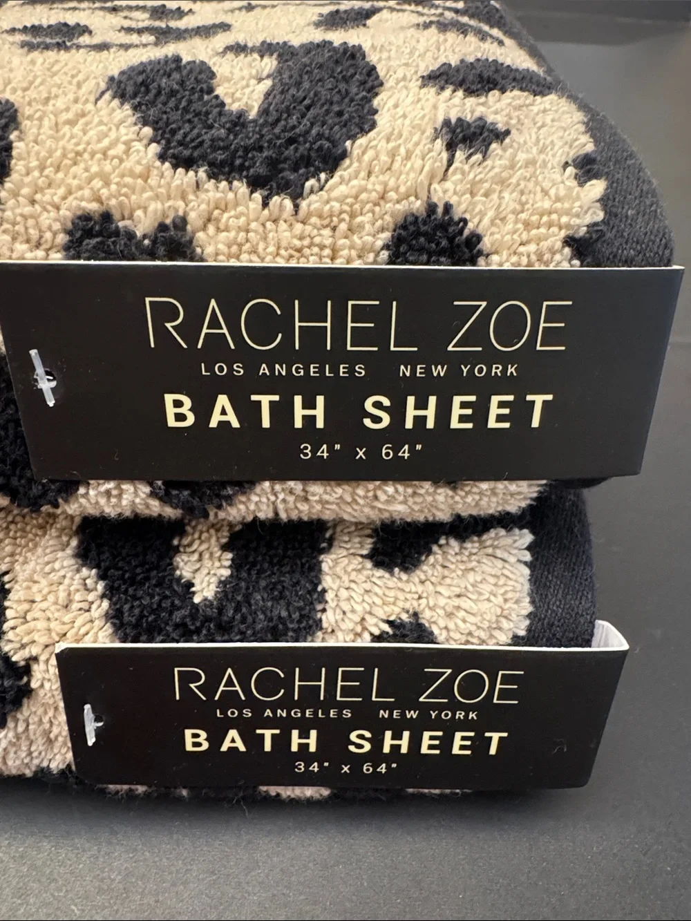 2pc RACHEL ZOE 100% Cotton Reversible Cheetah Animal Print Bath Sheet Towel